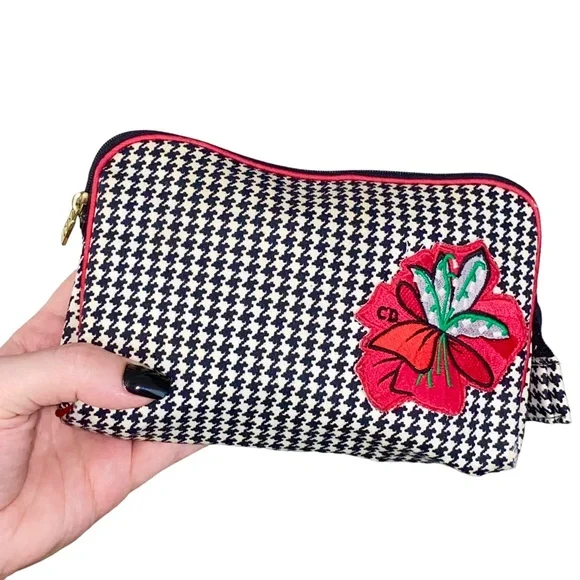 AUTH VTG Christian Dior Houndstooth Small Cosmetic Makeup Bag Clutch Zip Pouch - Picture 1 of 16